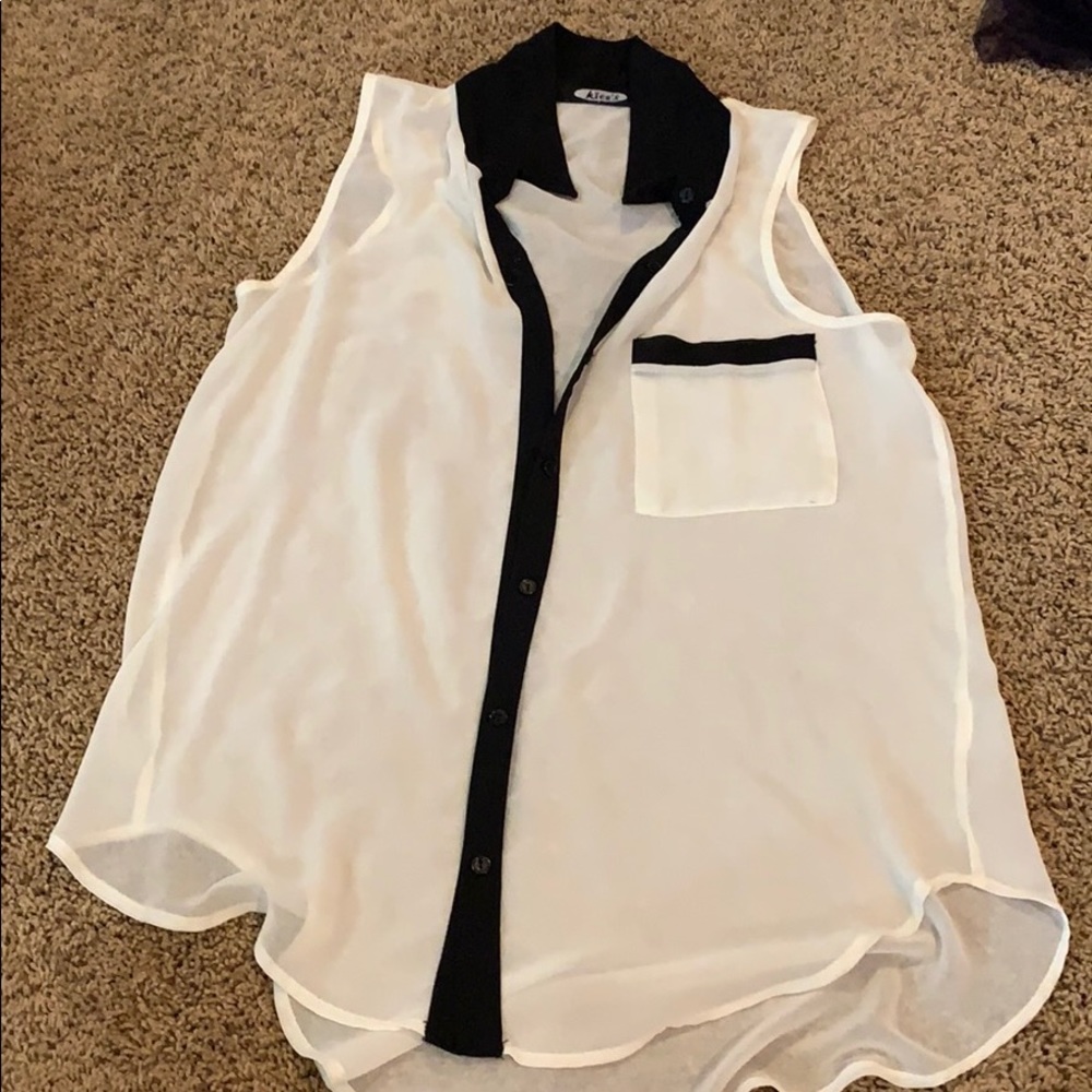 Sheer white tank blouse with black collar